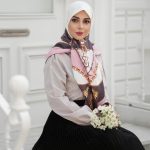 روسری ابریشم مجلسی توییل مدل روشنا طوسی صورتی