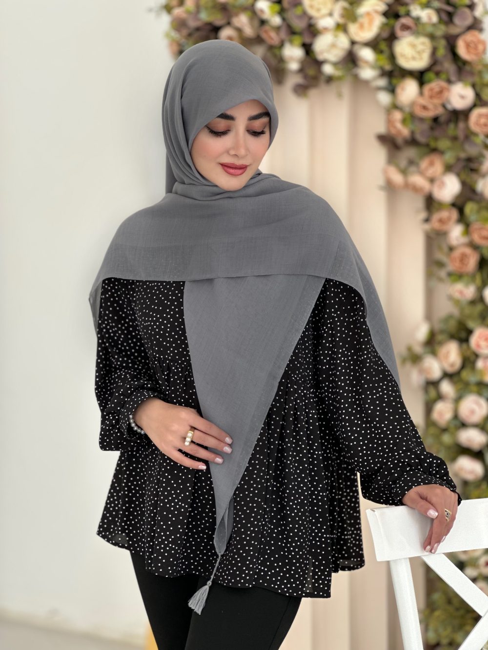 روسری سوپر نخ تک رنگ طوسی - Image 1