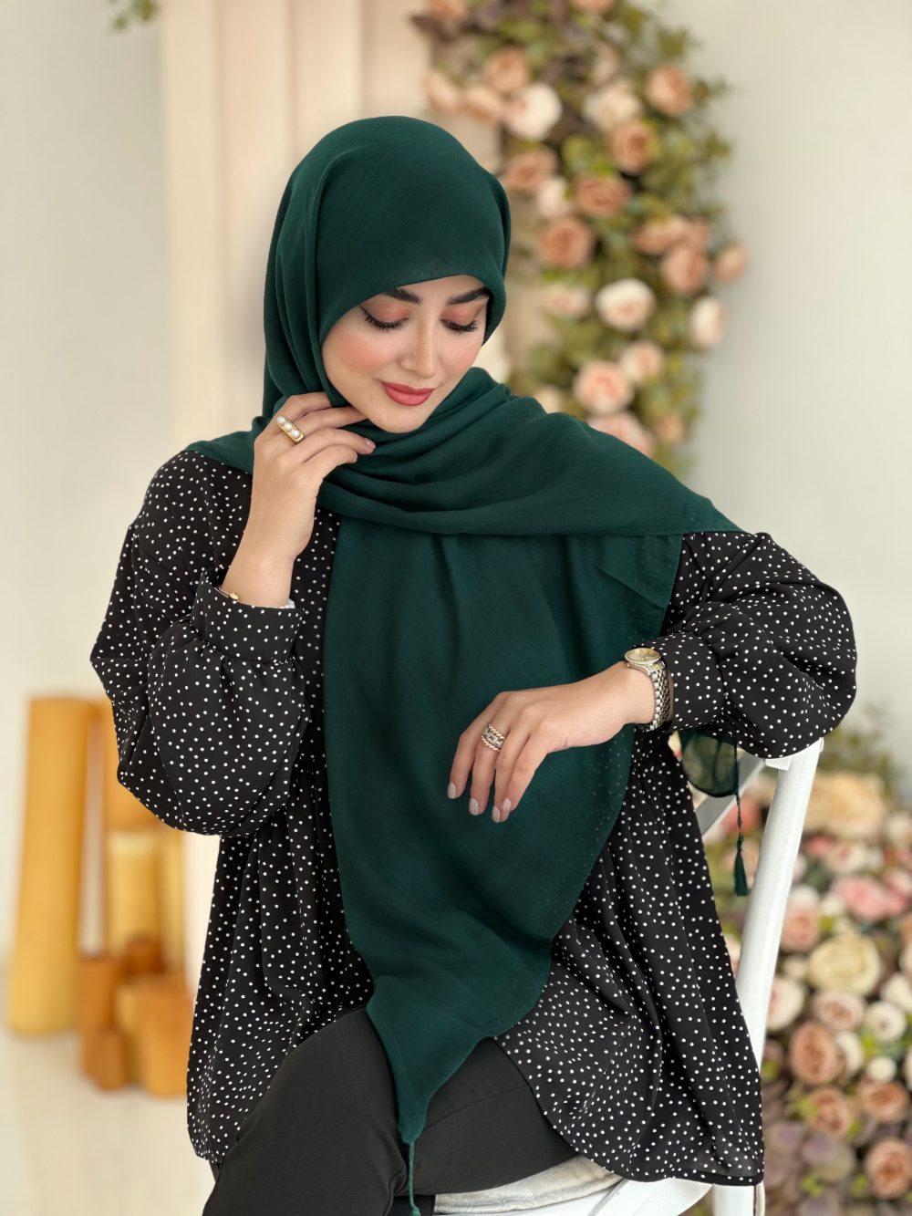 روسری سوپر نخ تک رنگ زمردی - Image 1