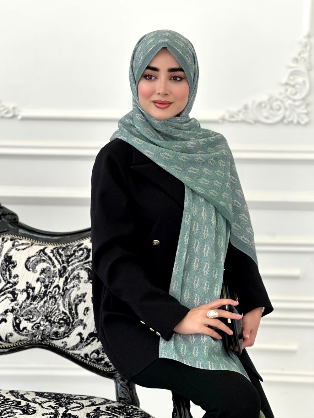 شال طرح دار مجلسی مدل دیور سبز پاستیلی - Image 1