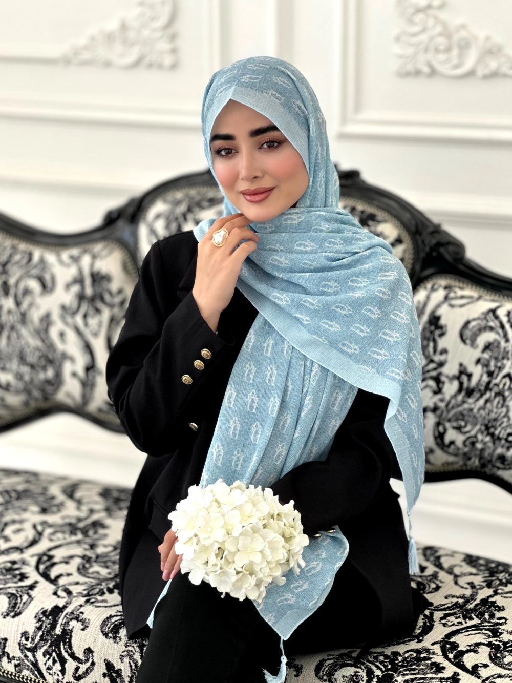 شال طرح دار مجلسی مدل دیور آبی - Image 1