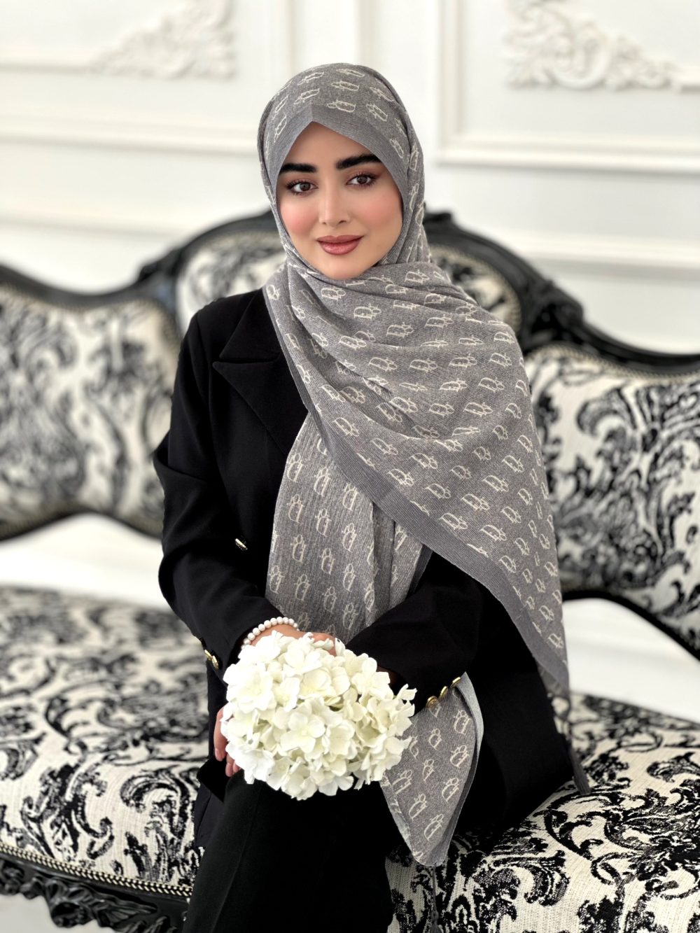 شال طرح دار مجلسی مدل دیور کرم موکا - Image 1