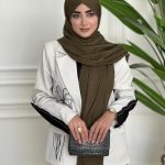 شال طرحدار مجلسی مدل لمه سبز حنایی