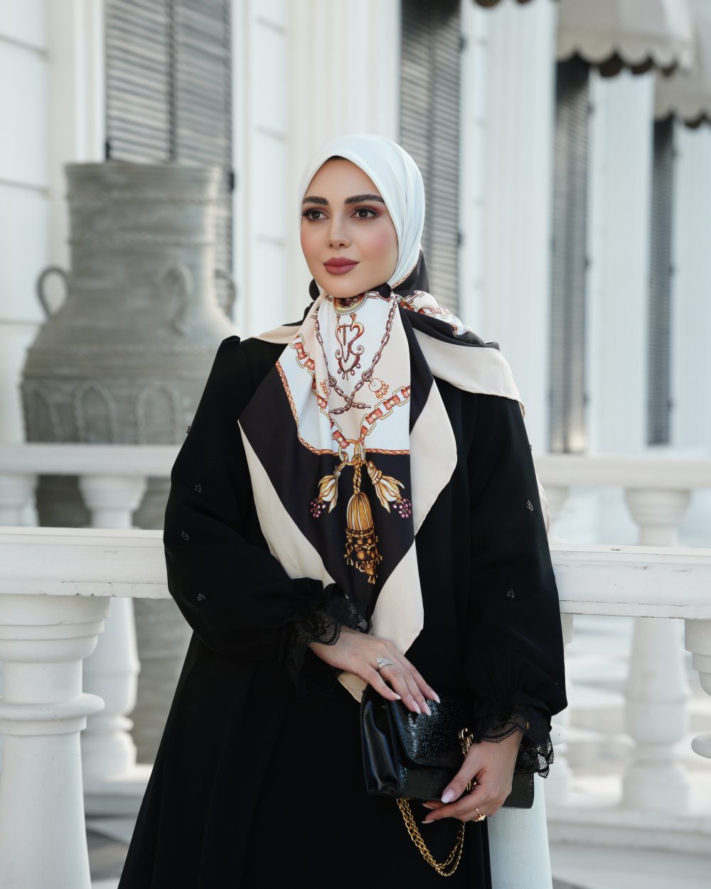 روسری ابریشم مجلسی توییل مدل روشنا سفید مشکی - Image 1