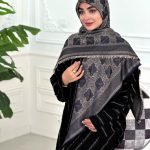 روسری ابریشم نخ ژاکارد مجلسی مدل سلین سرمه ای نسکافه ای