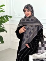 روسری ابریشم نخ ژاکارد مجلسی مدل سلین سرمه ای نسکافه ای