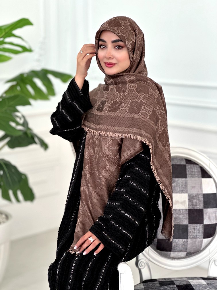 IMG0305_edited_1764350977471 روسری ابریشم نخ ژاکارد مجلسی مدل سلین نسکافه ای - Image 1