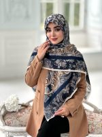 روسری نخی مدل زرین رنگ سرمه ای با ترکیب طوسی کرم