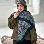 روسری نخی مدل ترمه سار ترکیب رنگ سرمه ای فیروزه ای