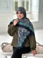 روسری نخی مدل ترمه سار ترکیب رنگ سرمه ای فیروزه ای