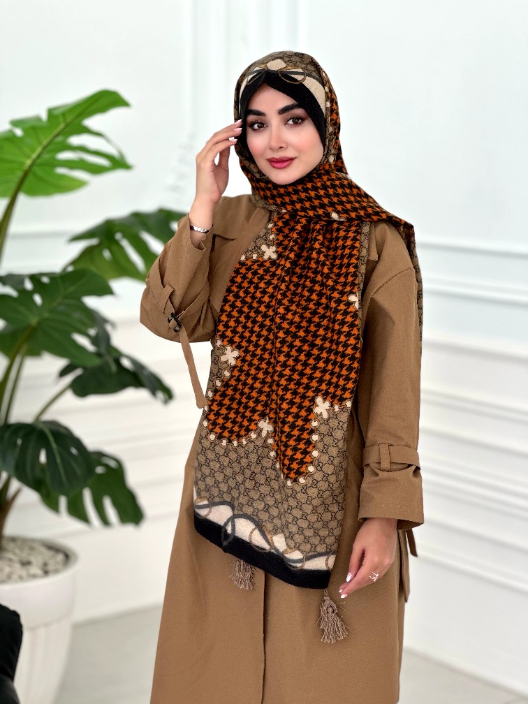 IMG0328_edited_1766772394562 شال موهر طرح دار تناژ نارنجی نسکافه ای - Image 1