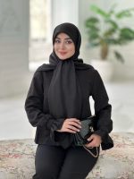 روسری نخ ابریشم ژاکارد مشکی مدل جی وان
