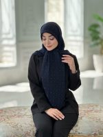 روسری نخ ژکارد راه راه نگین دار رنگ سرمه ای