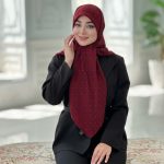 روسری نخ ژاکارد راه راه نگین دار رنگ  زرشکی